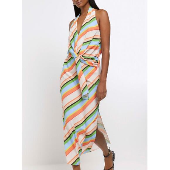 New ~ RIVER ISLAND ~ Women's Multicolor Striped Halter Neck Sheath Dress Size 6 - Picture 9 of 9